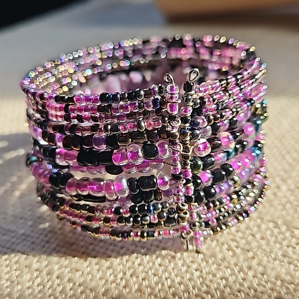 Whimsy Goth Beaded Cuff Bracelet Purple Black Pink - Picture 8 of 8